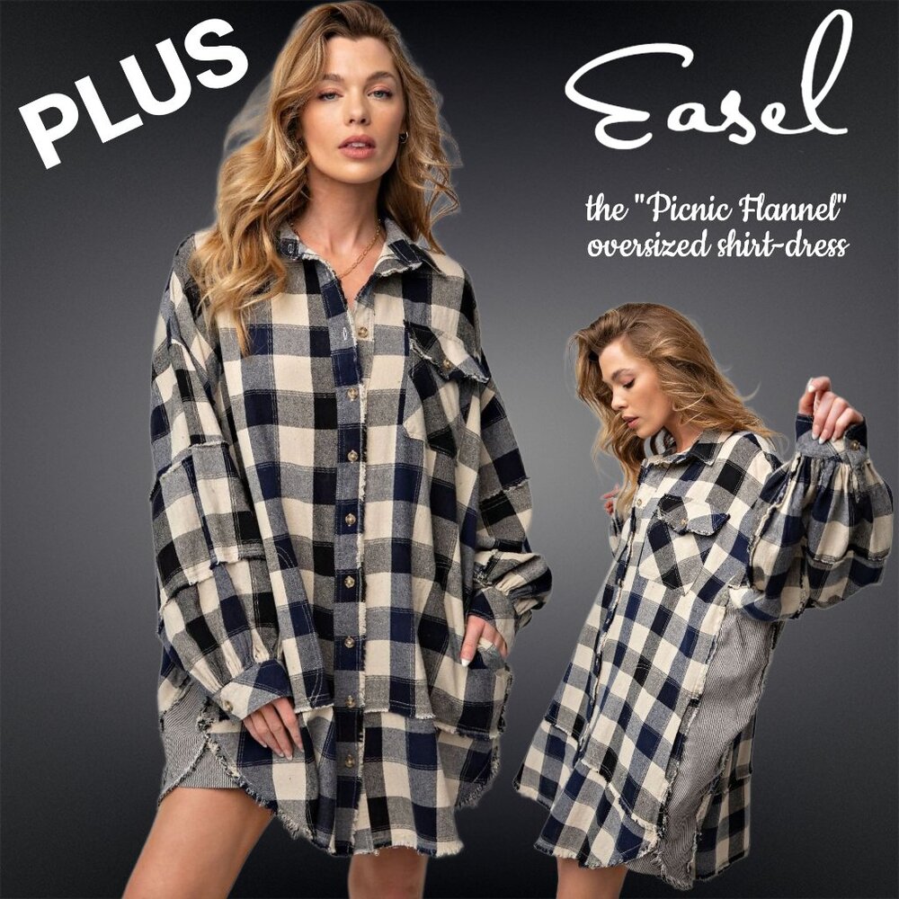 EASEL "Picnic Flannel" Oversize Cotton Shirt Dress Wide Sleeve Pockets Raw Seams